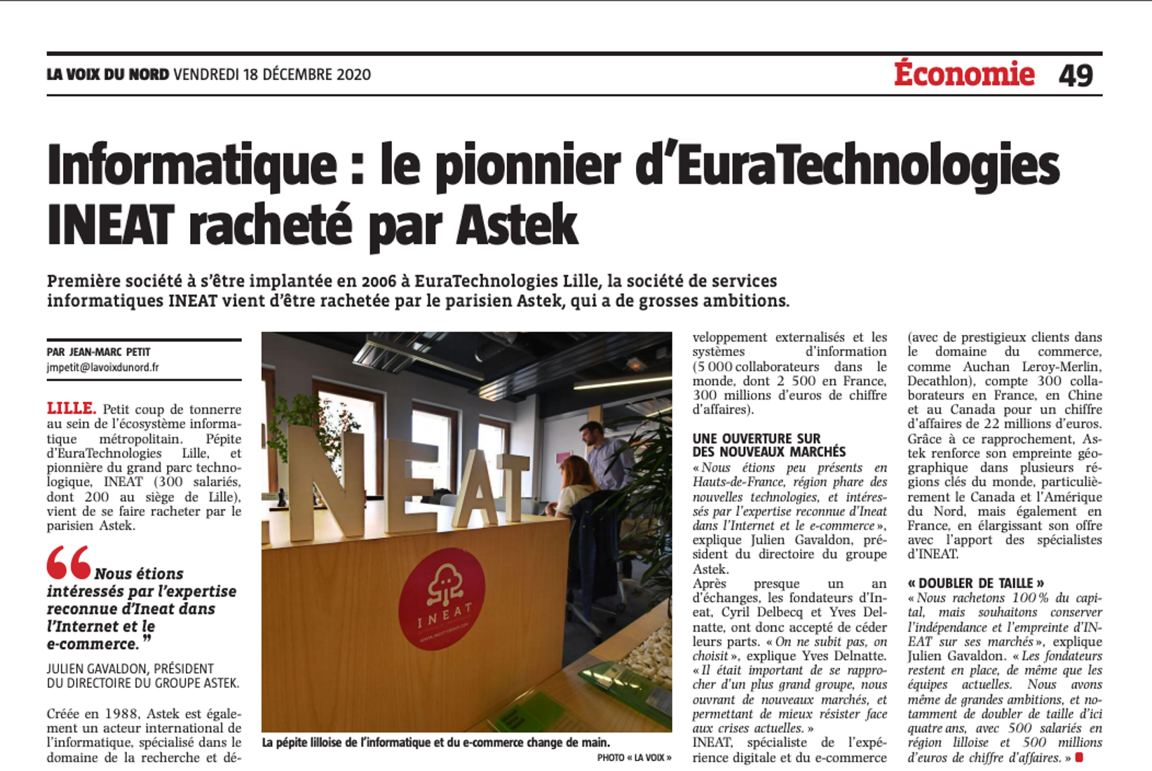 Article : La Voix du Nord - Ineat racheté par Astek 2020-12-18