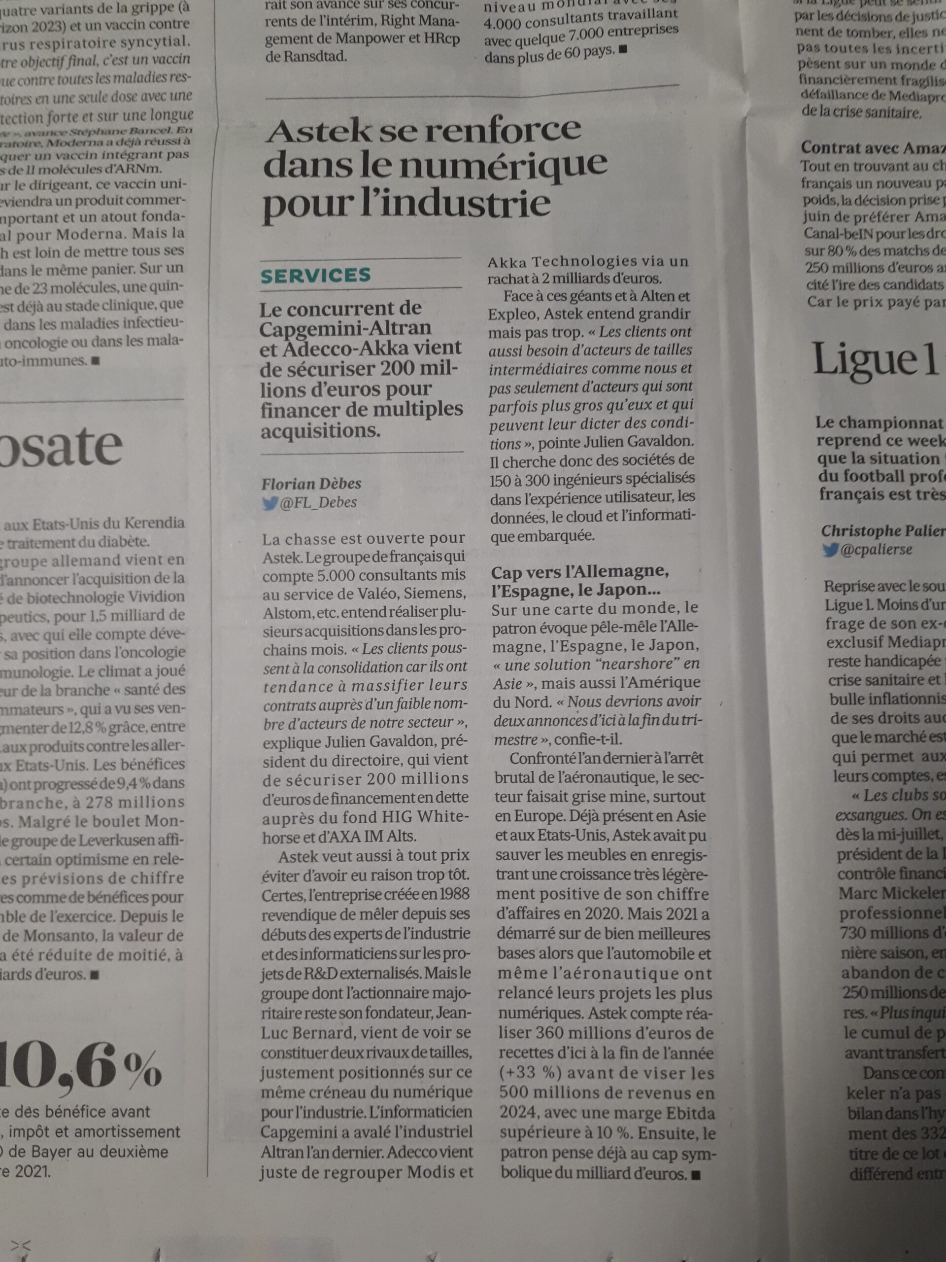 Article : Les Echos - Astek se renforce dans le numérique 2021-08-05