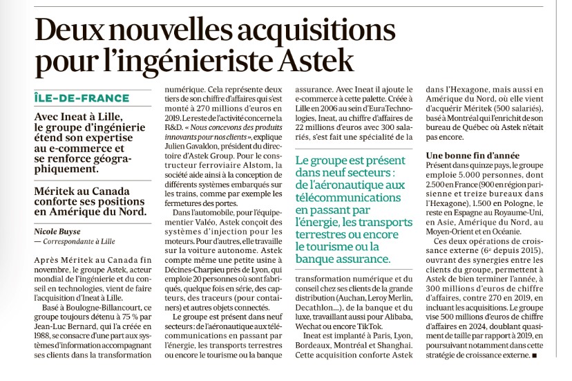 Article : Les Echos - Deux nouvelles acquisitions pour Astek 2021-01-03