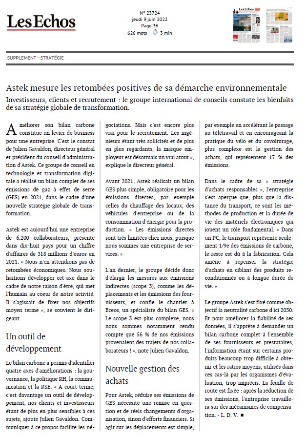 Article : Les Echos - La démarche environnementale 2022-06-09