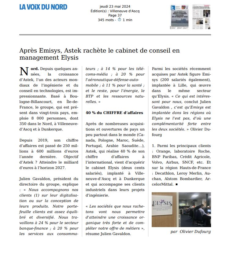 Article : Le Télégramme de Brest - Les ambitions du Groupe Astek dans le Grand Ouest 2023-09-05